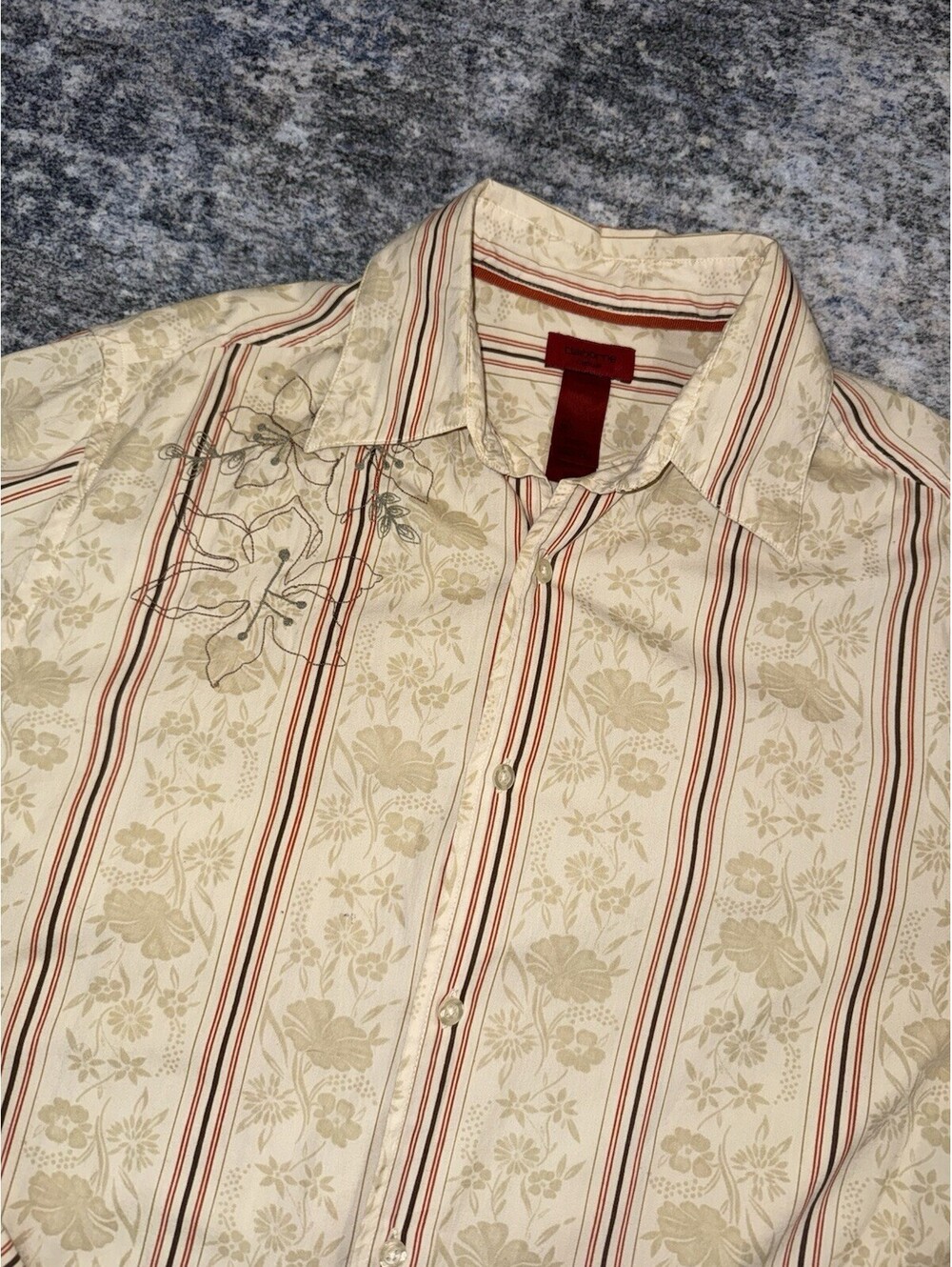 Claiborne Casual Mens Large Shirt Cream Floral Striped Embroidered Long Sleeve